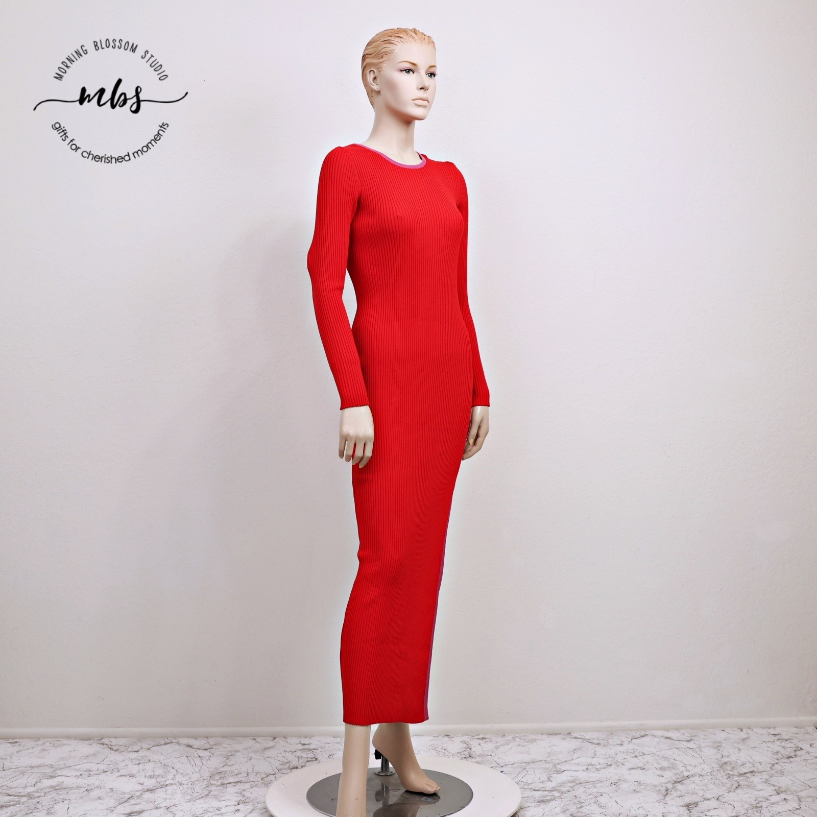 Nwt Staud Edna Ribbed Knit Side Slit Maxi Dress Red Lavender Women L